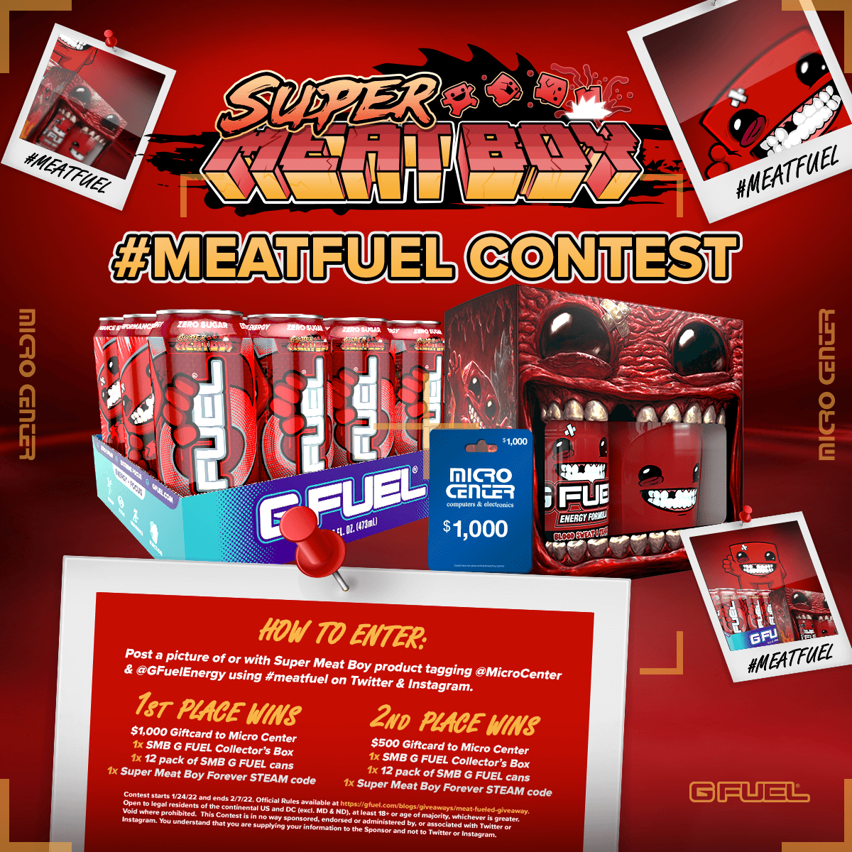 GFuelEnergy's tweet photo. 🚨🥩 𝐆𝐈𝐕𝐄𝐀𝐖𝐀𝐘 𝐀𝐋𝐄𝐑𝐓 🥩🚨

🗣️ AYO!!! We're comin' at ya HOT with a super-spicy @SuperMeatBoy x #GFUEL x @microcenter #MEATFUEL GIVEAWAY!!! Peep the deets on the flyer, follow the rules and good luck, y'all!

❗ 𝐅𝐔𝐋𝐋 𝐑𝐔𝐋𝐄𝐒: https://t.co/csr0C2GLfM https://t.co/BDcQA6pLgU