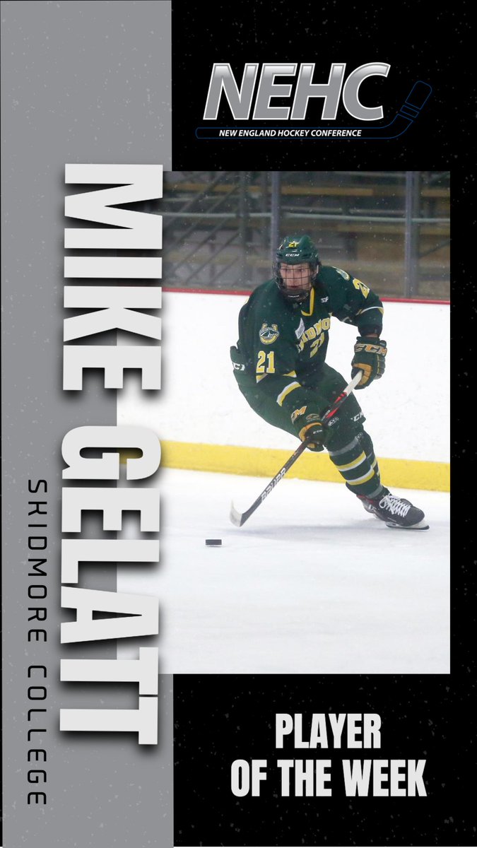 NEHockeyConf's tweet photo. #NEHC Men's Player of the Week - Mike Gelatt from @SkidmoreSID 
🚨🚨🚨 &amp; 🍏 in a BIG SIX POINT weekend for the Thoroughbreds https://t.co/566hP2MM9n