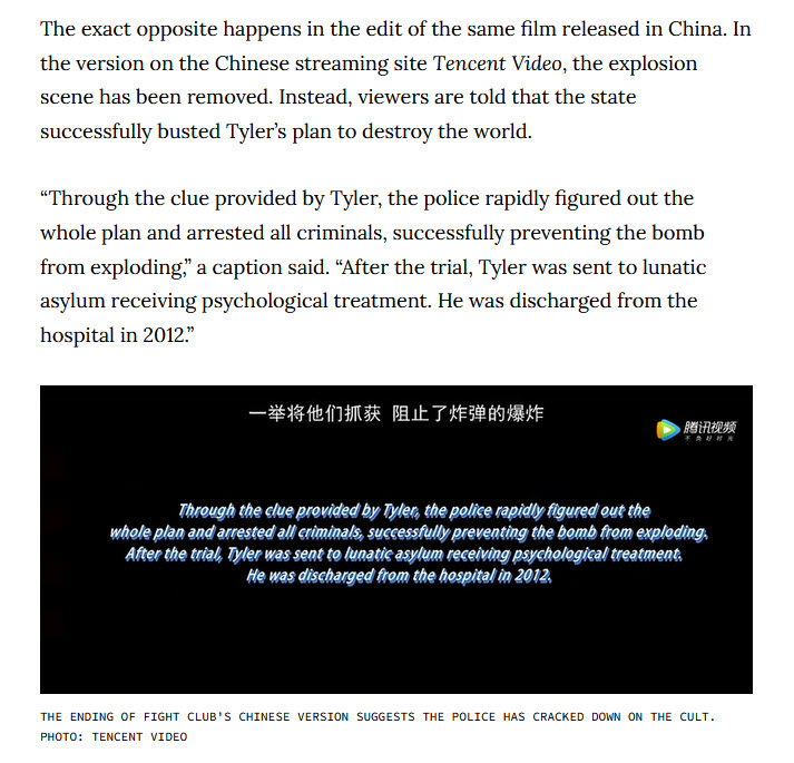 zerohedge's tweet photo. Fight Club finally released for streaming in China, censors kill final scenes and instead impose this... https://t.co/NAVFZEQ7MD