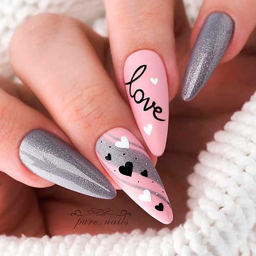 Ladies Sweet Light Grey Pink Color Fake Nails DIY Fashion Nail Art Tips  with Glue Short Size Design Artificial Nails 24pcs