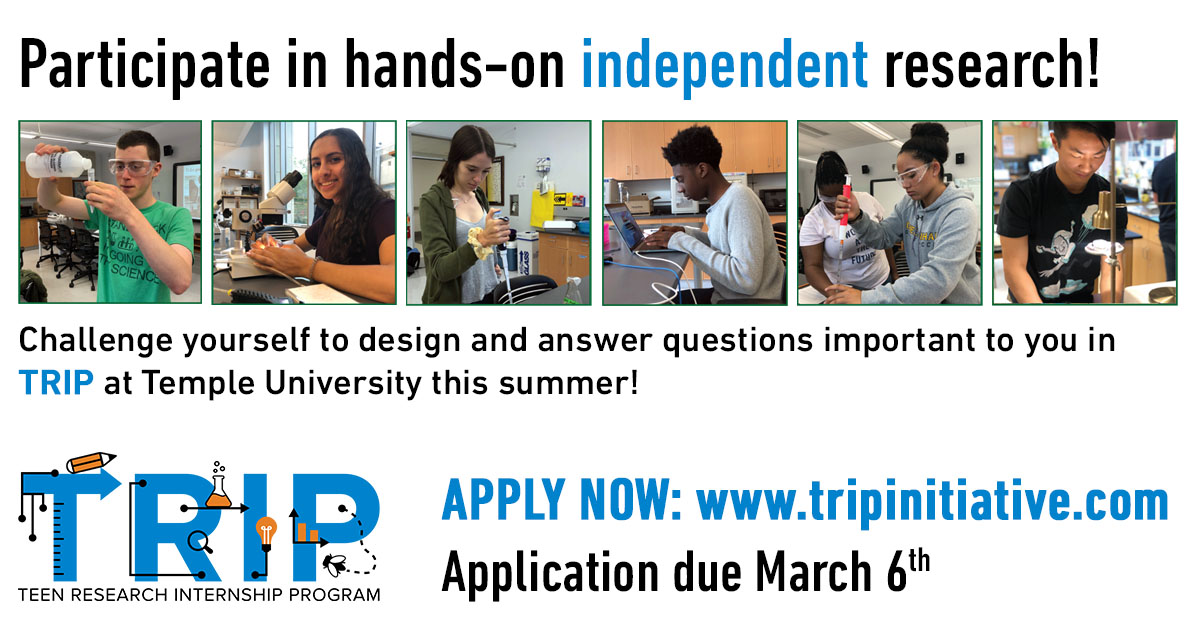 Applications are open for the Summer'22 TRIP program! TRIP allows #highschool students to #explore #STEM through their own independent #research projects! Learn more: tripinitiative.com Download and share our flyer: bit.ly/TRIP_TU22