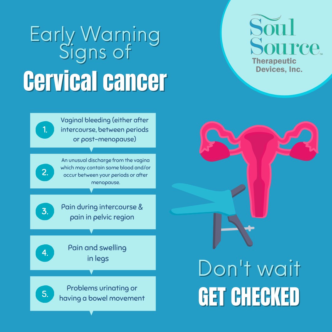SoulSourceTD's tweet image. It's Cervical Cancer Awareness Month. It's important to pay attention to the early warning signs of cervical cancer &amp;amp; get checked frequently. 

#soulsourcetherapeuticdevices #cervicalcancerprevention #cervicalcancer #cancer #womenshealth #cervicalcancerawarenessmonth #cancersucks