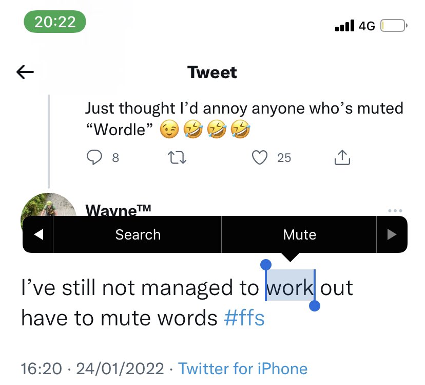 tompedals's tweet photo. @Dog_in_a_hat @PICollard Long press on the word you want to mute and the option shows up. https://t.co/sidEAkaRII