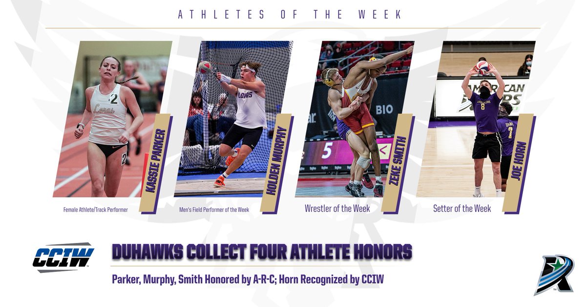 LorasAthletics's tweet image. Four Duhawks Earn Athlete of the Week Honors; @LorasTrack's Parker, Murphy and No. 2 @DuhawkWrestling's Smith Honored by @AmerRiversConf; No. 20/RV @LorasMensVB's Horn Earns @CCIW_Athletics Nods duhawks.com/news/2022/1/24… #GoDuhawks