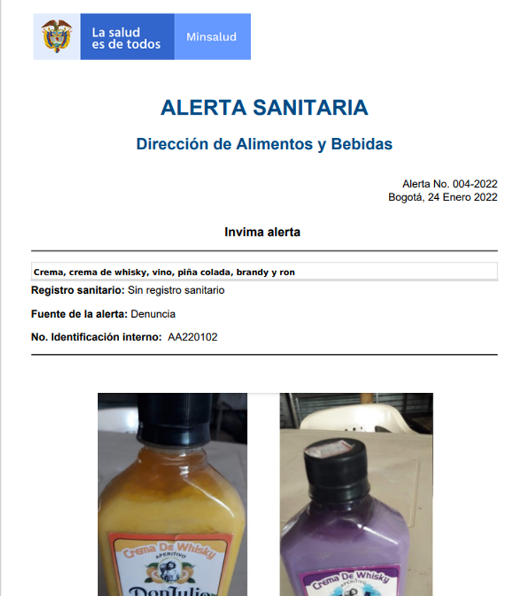 invimacolombia's tweet photo. ¡Atención!🚨Compartimos #AlertaSanitaria sobre la comercialización ilegal de bebidas alcohólicas que no cuentan con autorización sanitaria para su elaboración, envasado y comercialización.❌

Les contamos cuáles son ⬇
https://t.co/rnci0bAYi1 https://t.co/2giNc7e4gN