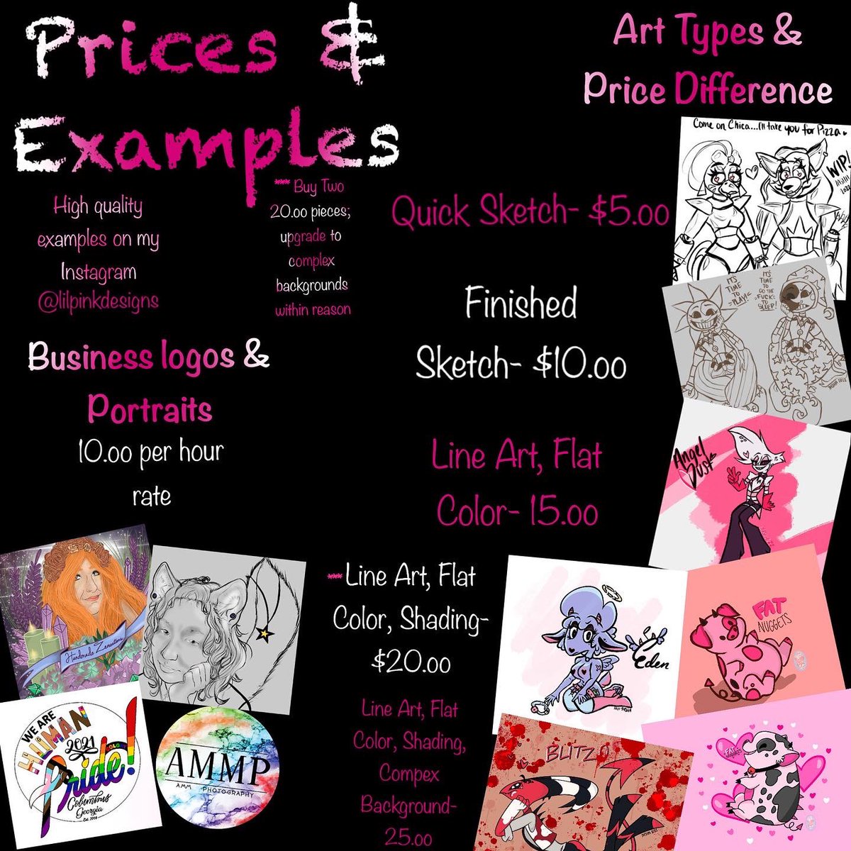LilPinkDesigns's tweet photo. Art commissions are OPEN 4/5 available ❌✅✅✅✅
Dm me on Insta at @lilpinkdesigns 
Or
Email at TashaCorbinMail@Gmail.com
#commissionsopen #artcommissions #fanart #fanartfnaf #fanarthelluvaboss #fanarthazbinhotel #fanartanime #portraitart #businesslogoart #businesslogodesign https://t.co/u8ydZx2Gj6