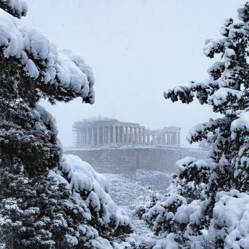 The Parthenon in snow, Athens, 24 January 2022.