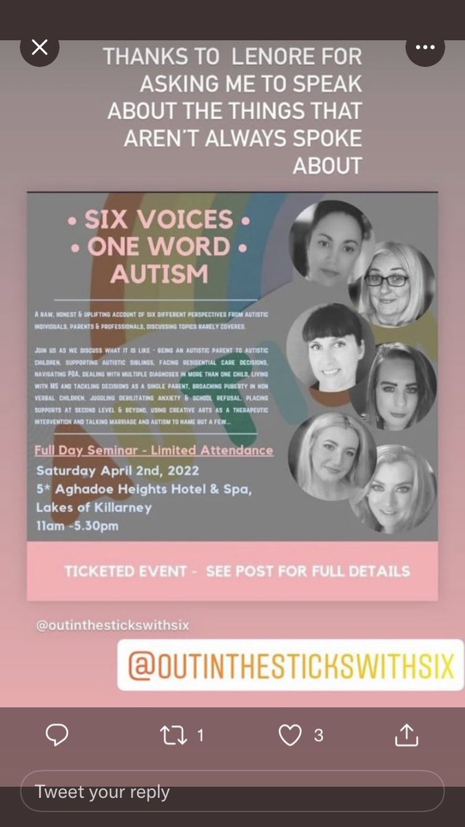 My wonderful and inspirational sister <a href="/PinkLouiseR/">Louise Quinn</a> is speaking at this event about Autism sharing her story and insights. I’d really appreciate if my friends and Colleagues here would share this tweet to highlight this event. Full information on Instagram @ outinthestickswithsix