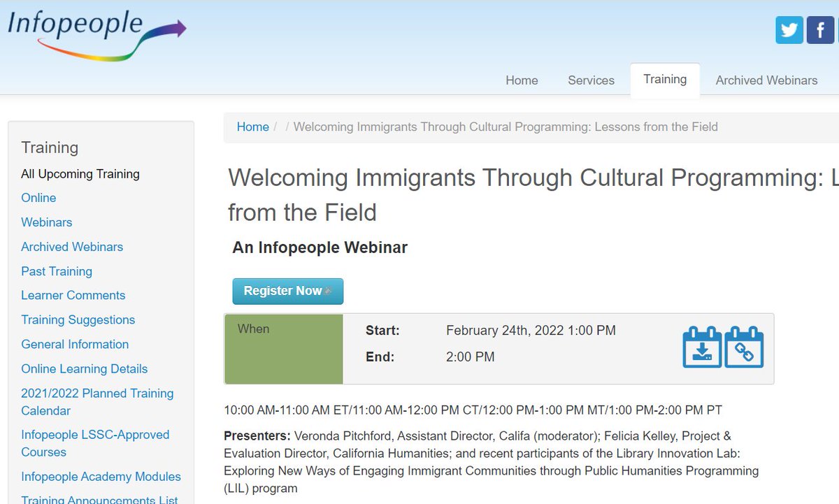 infotweets's tweet photo. Mark your calendars for this upcoming webinar: Welcoming Immigrants Through Cultural Programming! Recent participants of @Cal_Humanities #LibraryInnovationLab will share experiences and practical programming. (Hosted by our friends @califa and @vjpitch!) https://t.co/yYTnBjK7Za https://t.co/VMziNWVs6j