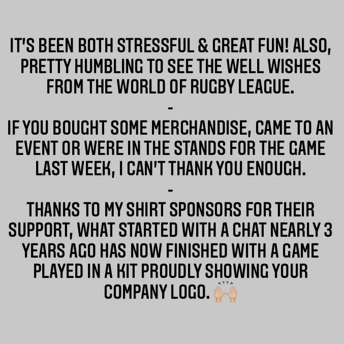 GAME OVER
-
Now the dust has settled, I would like to thank everyone for their support throughout the longest testimonial year in history! 
-
As for me, that’s all she wrote! Once again, Rugby League’s the winner. 🔵⚪️☘️