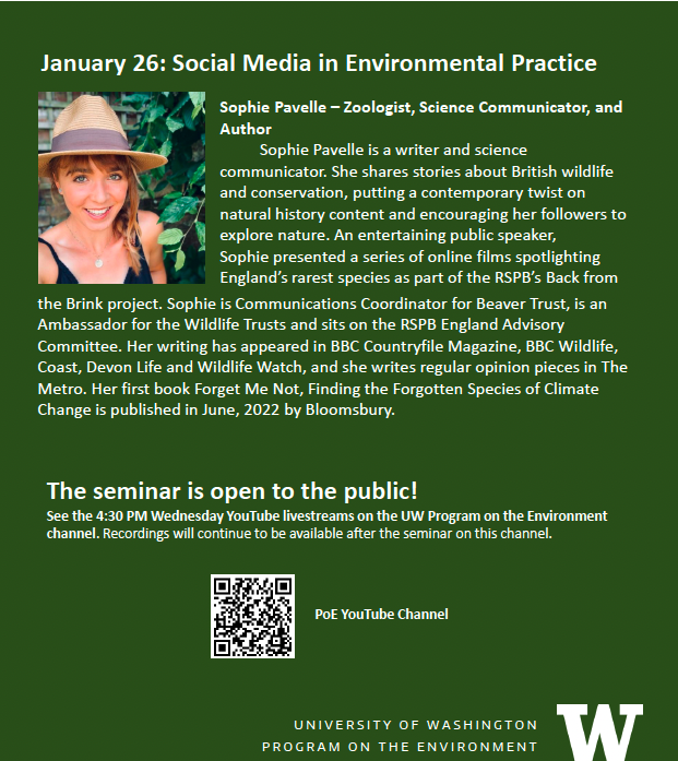 uwpoe's tweet photo. Join us at 430PM PST on Jan 26th for the next presentation in our Conversations in Environmental Communication Series. 
@Sophiepavs
, zoologist and author, will be our guest to talk on #scicomm and #SocialMedia.  LIVE on YouTube Channel:https://t.co/wrmOjfx7wu #EnviroComm22 https://t.co/QxK9K29zPb