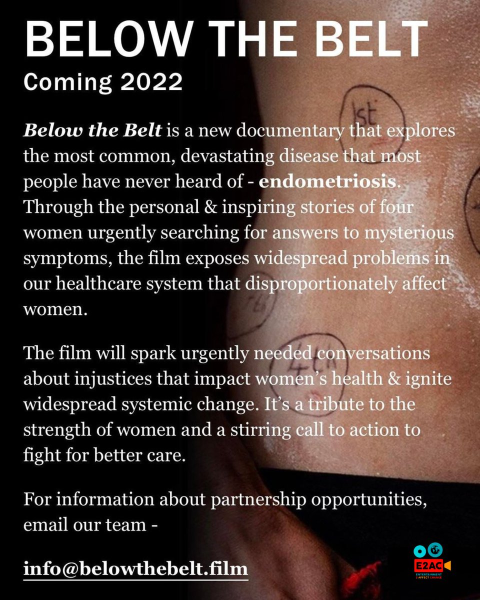 E2ACorg's tweet photo. #FilmFeature 🎥
Coming soon in 2022, “Below The Belt” is a docexploring endometriosis and exposing widespread problems in our healthcare system that disproportionately affect women.
E2AC has partnered with the film for an impact campaign.
Visit https://t.co/28uY3TtL8Y 🎥 https://t.co/7kM0qJMQYZ
