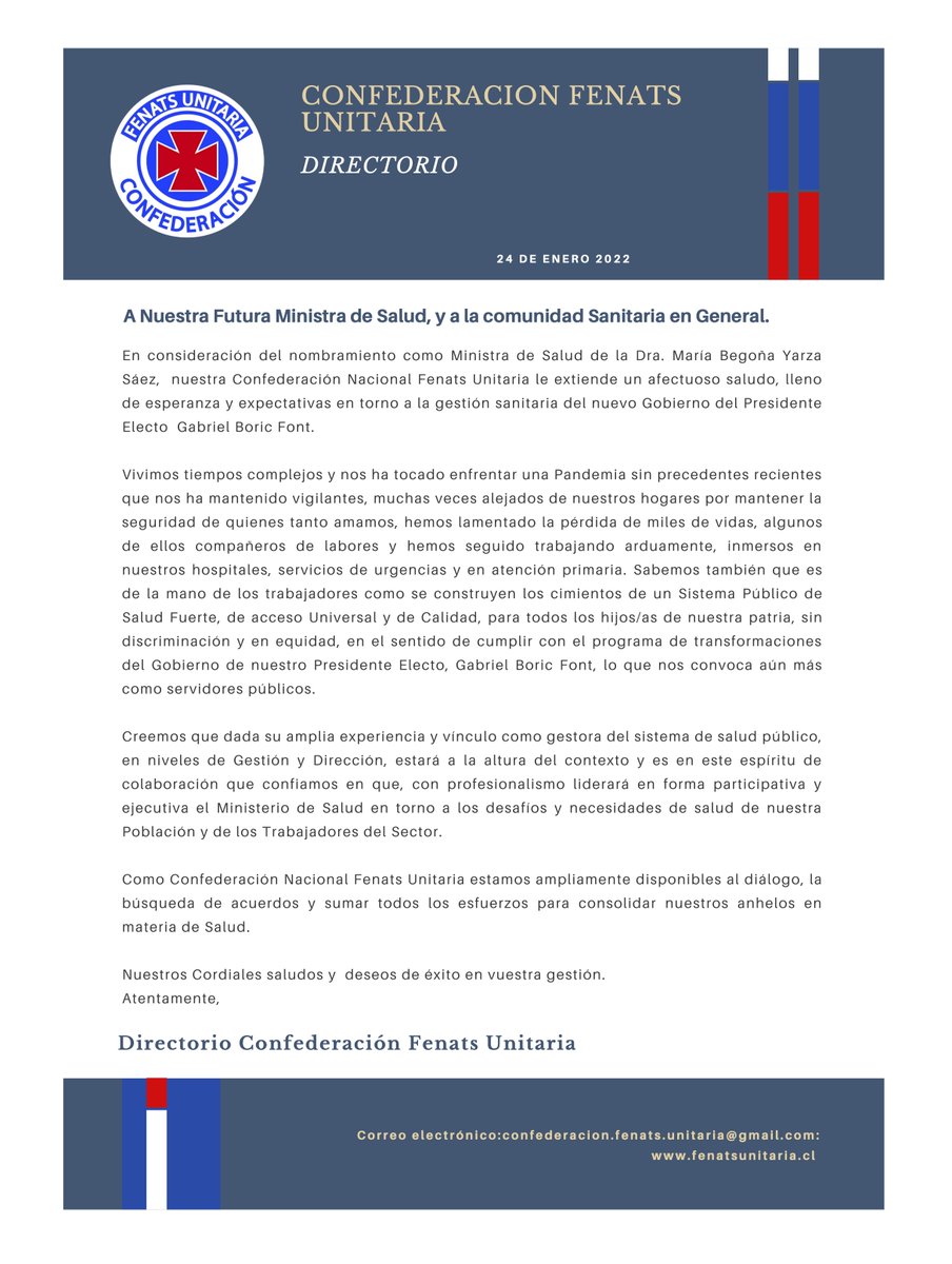 Enviamos un fraterno y cariñoso saludo a la recién nombrada Ministra de la Cartera de Salud, Dra. María Begoña Ayarza Sáez. 
Contará con nuestra Confederación para cumplir con el Programa de Gobierno de nuestro Presidente Electo Gabriel Boric Font,