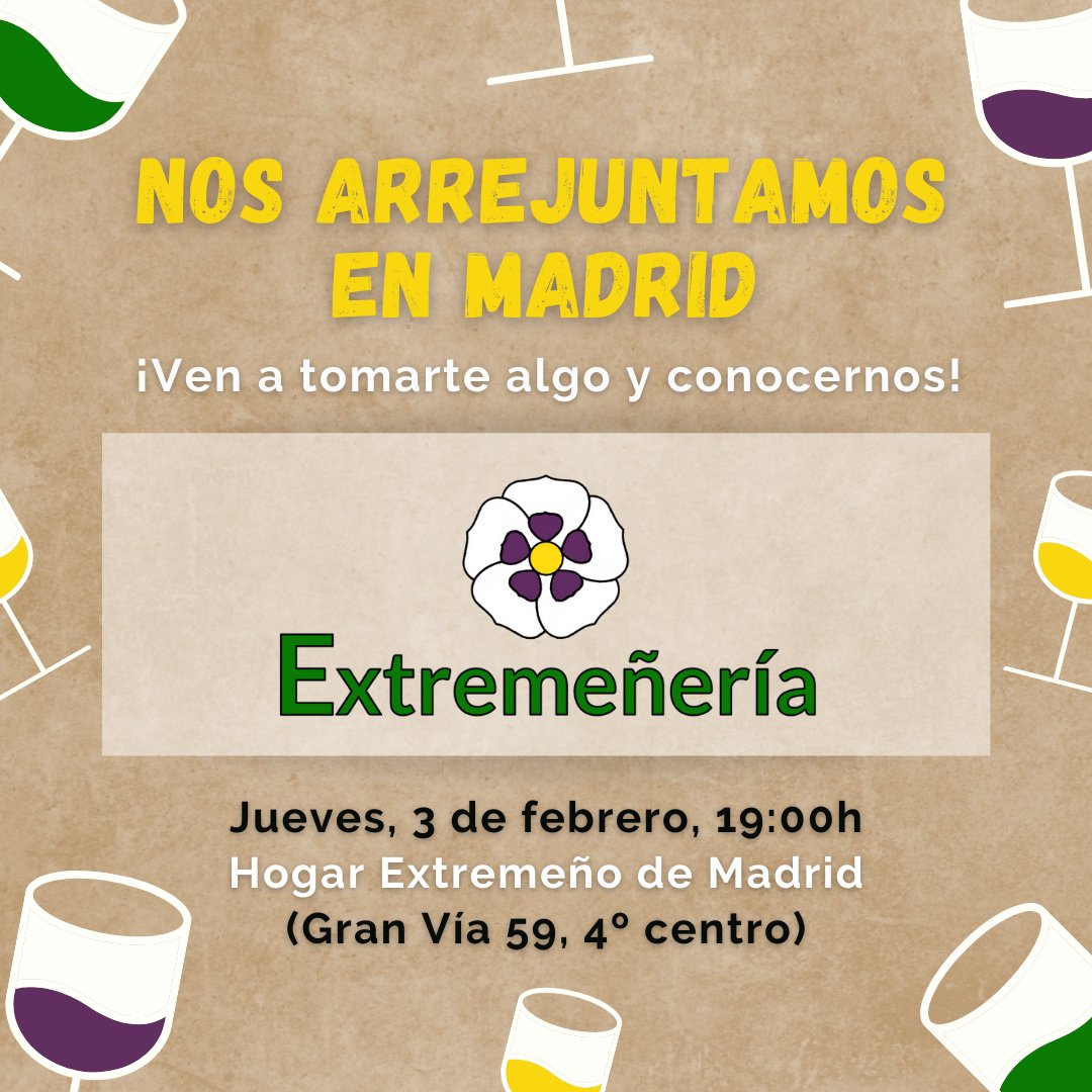 extremeneria's tweet photo. 🏙️ ¿Eres #extremeña/o y vives en #Madrid? ¡Queremos conocerte! 🥰

🗓️ El 3 de febrero a las 19h nos vemos en el Hogar #Extremeño (Gran Vía 59) para conocernos y tomar algo. 🍷

📩 Si quieres más info escríbenos a: extremeneria.madrid@gmail.com 

💪🏽 ¡Arrejuntémonos! 💚🤍🖤 https://t.co/e1TOxhbkNa