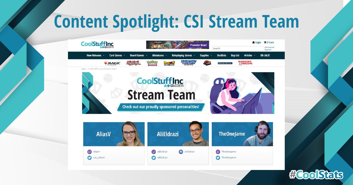 CoolStuffInc's tweet photo. Looking for new streams to watch? Look no further than the CSI Stream Team! Our page has info on all of our sponsored streamers and where to find them, so be sure to check it out! #CoolStats
🎞️https://t.co/2upBHW0SlD https://t.co/9cZSyqv83G