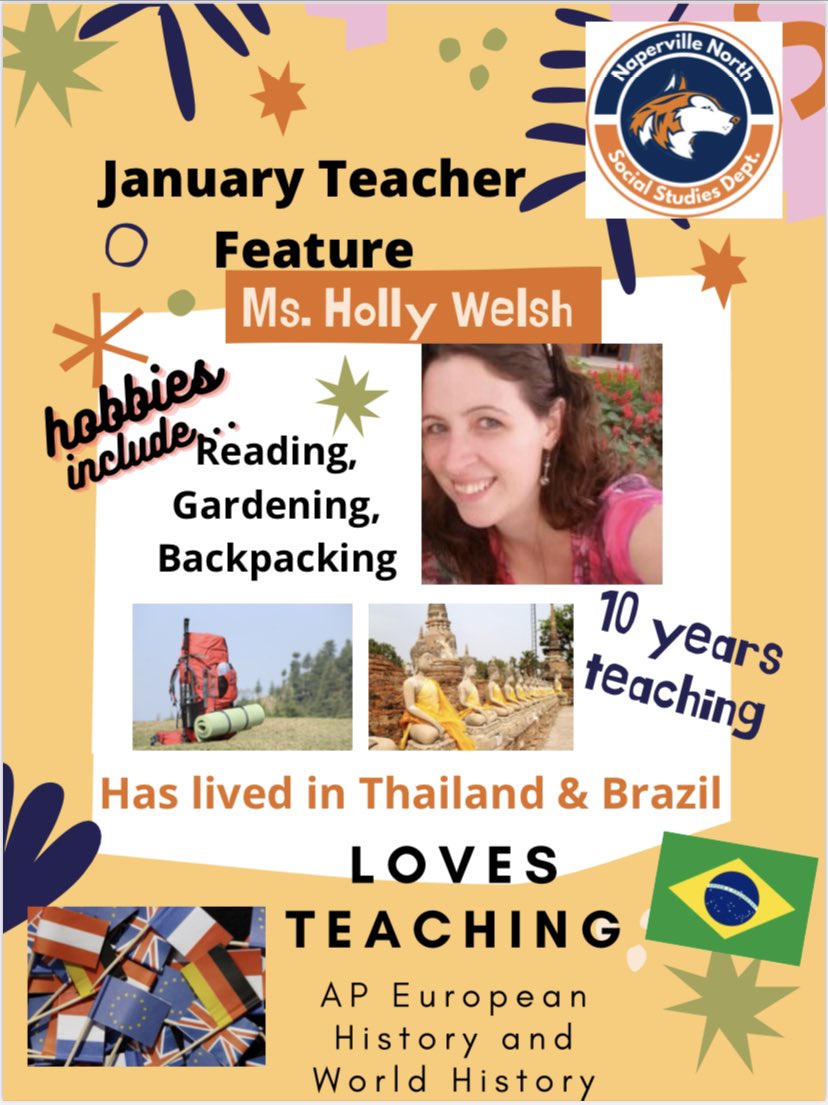 Big shout out to Ms. Holly Welsh, our teacher feature for the month of Jan. She is an amazing teacher and world traveler! Thanks Holly for sharing your worldly knowledge, love of art and history with our students! #driventoteach #nnhssocialstudies