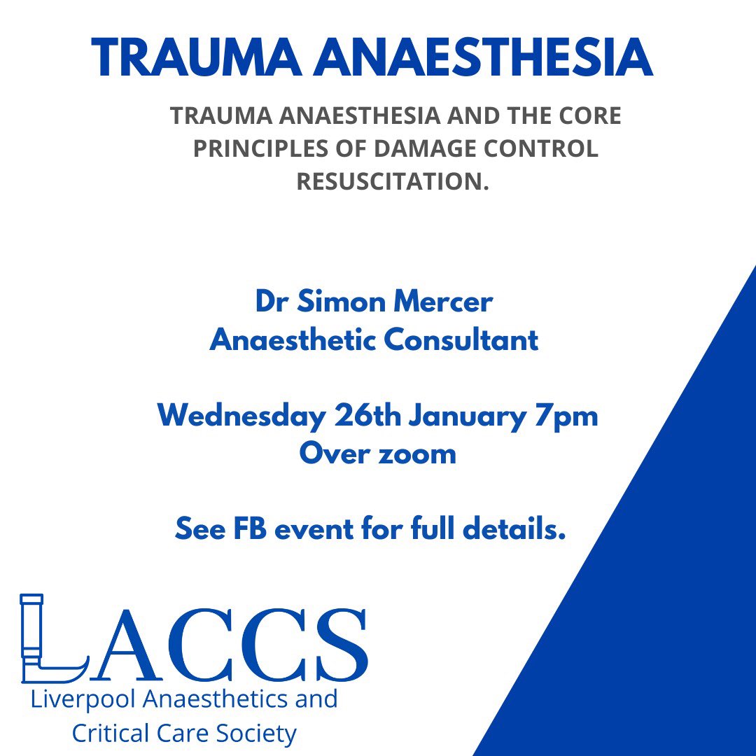 LivACCS's tweet image. Join us this Wednesday at 7pm for an exciting talk on trauma anaesthesia and damage control resuscitation by @simonjudemercer 

Full details on Facebook event: fb.me/e/1iztjMSjD