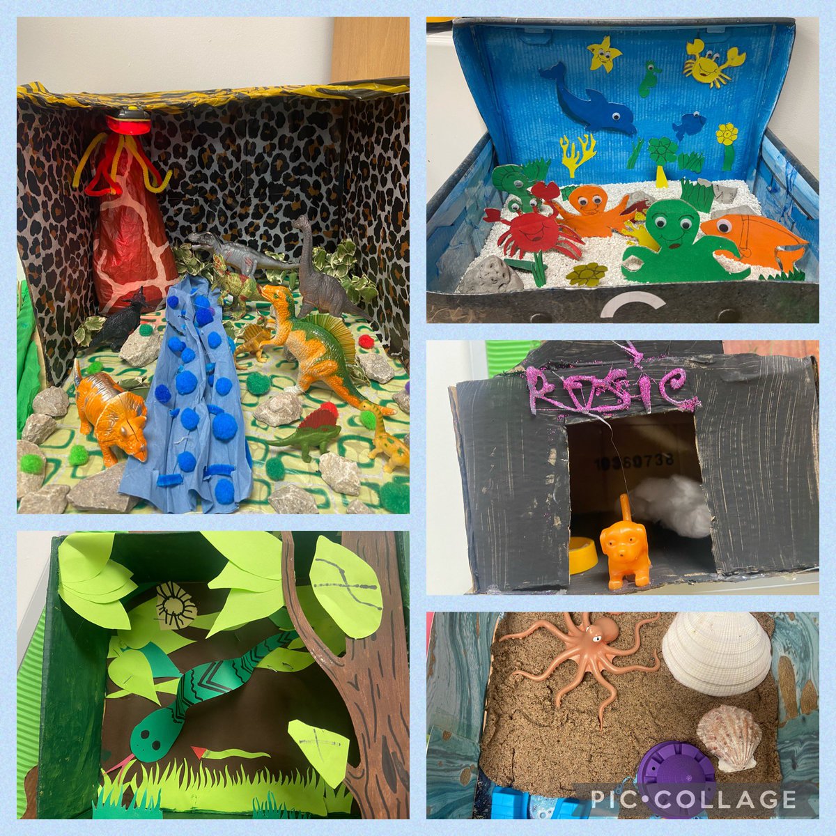 MansfieldGAT's tweet photo. The foundation stage have been learning about habitats. Take a look at how incredible their home learning projects are. We think they are AMAZING! #proud #learningtogether #engagingprojects #homelearning #animals #habitats #creative #superstars https://t.co/24BHhI6y5V