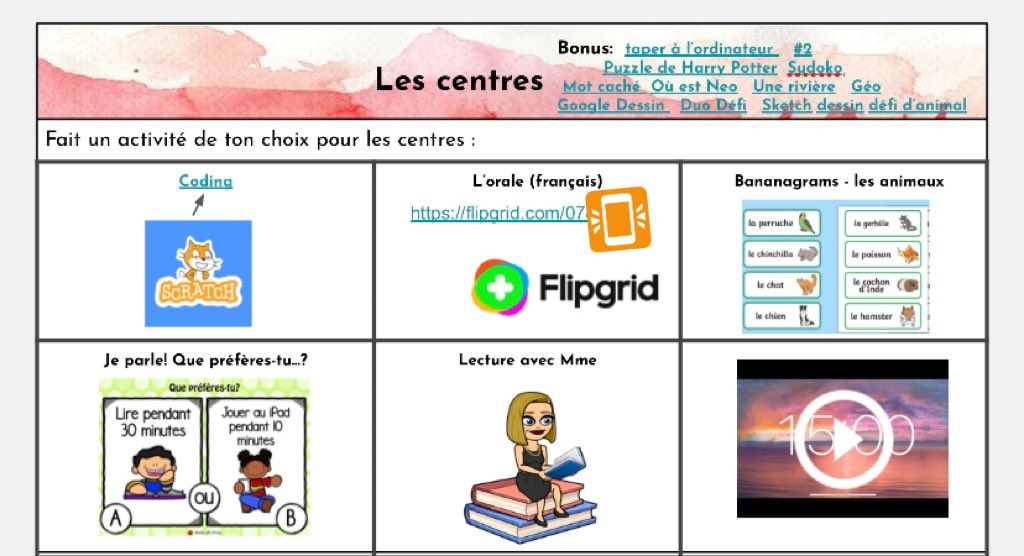 MlleMccormack00's tweet photo. This week Ss are coding on Scratch, sharing their fav quality about themselves on Flipgrid, practicing vocabulary using bananagrams, asking “would you rather” questions to a peer and guided reading with me! We do 1 station per day for 15-20 mins. All en français 😎 #tdsbfsl https://t.co/QZ0JV9ymBQ