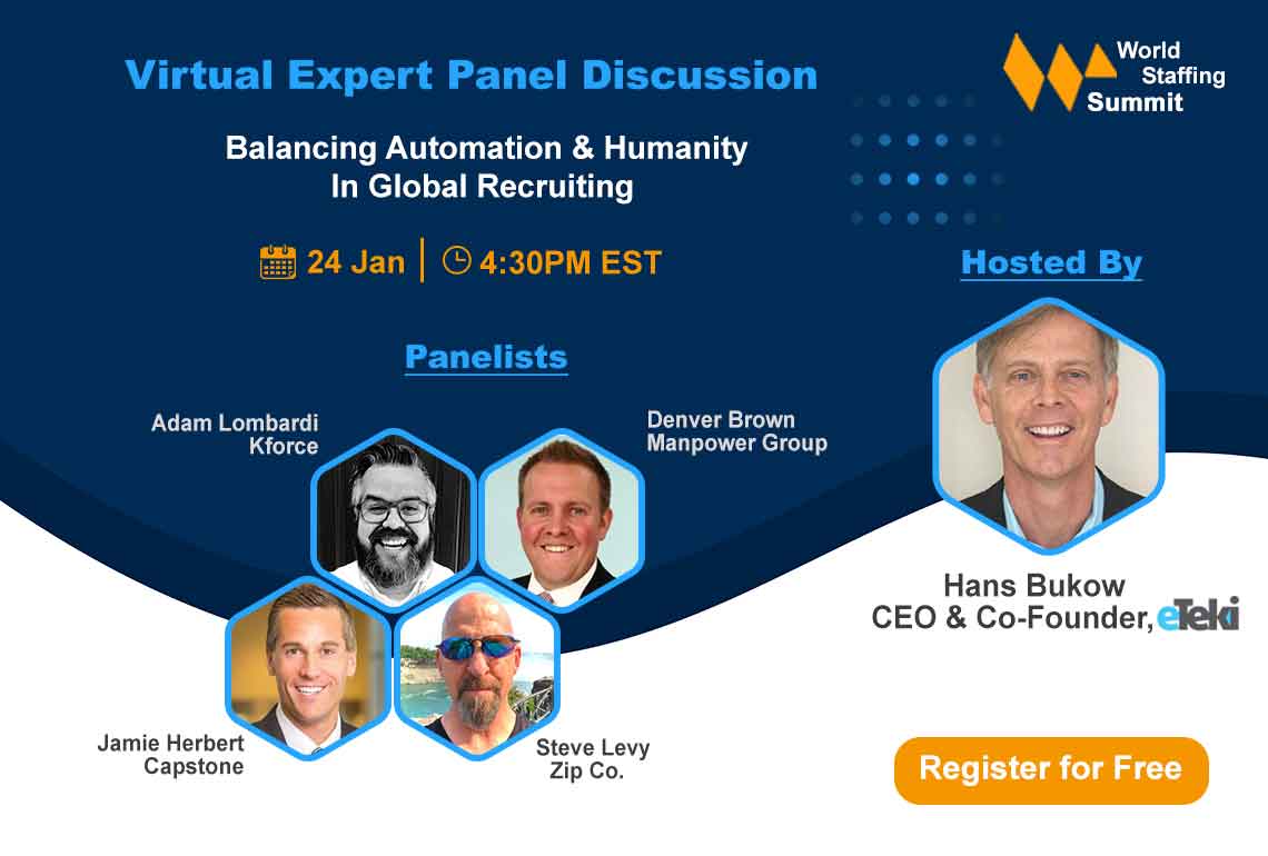eTeki_Inc's tweet photo. Reminder: panel discussion on balancing technology and automation in global recruiting at the World Staffing Summit starts in 30 minutes 4:30 EST - grab your free ticket at https://t.co/B2himV8HNE #WSS22 #Recruiting #Staffing #FutureOfWork https://t.co/3zuONYhA8n