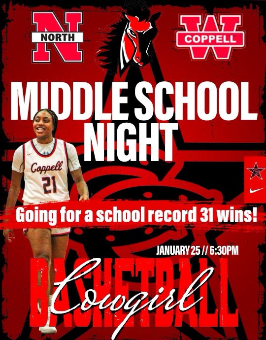Bindi_Patel_TX's tweet photo. Come support @CowgirlsBball tomorrow night as they look to tie @CoppellHigh record from 1989 -1990 season as a 3A school. These girls are on 🔥! https://t.co/NGq1ALIO23