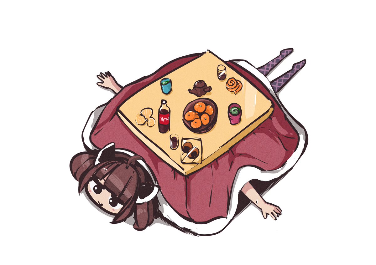 touhoku kiritan table kotatsu 1girl food fruit brown hair solo  illustration images