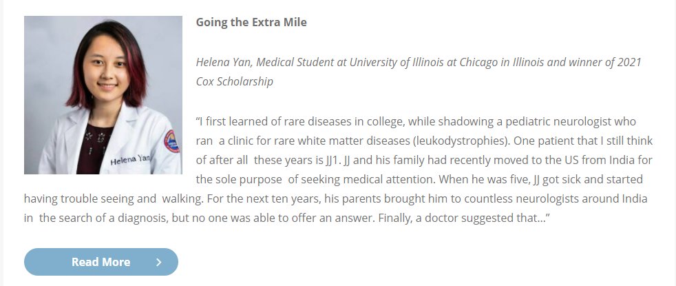 GlobalGenes's tweet image. Cox Scholarship winner, Helena Yan writes about her experience working with #raredisease patients before and during her time in the #RARECompassionProgram.Read her essay &amp;amp; find more info about the med student program here hubs.ly/Q012MLYC0 Applications are currently open!