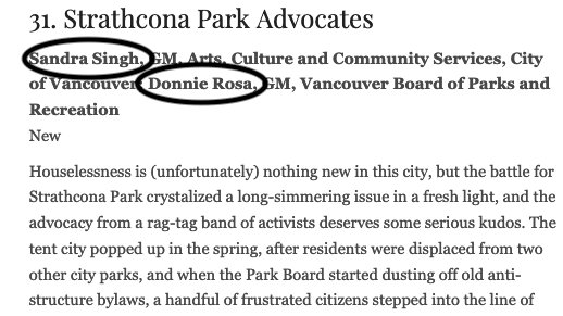 How confused is #Vancouver about Strathcona decampment?

@vanmag_com lists 'Strathcona Park Advocates' as #31 on their 'Power 50 List.'

Sandra Singh and Donnie Rosa aren't advocates. THEY ARE THE SYSTEM. Advocates don't push police violence on people.

#VanPoli #NoEvictions