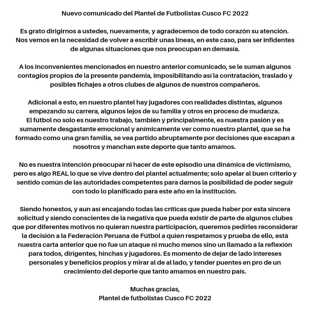 Nuevo comunicado jugadores Cusco FC.
Agradeceré compartir 🙏🏻💯
<a href="/andrea_closa/">Andrea Closa</a> <a href="/Gustavo_p4/">Gustavo Peralta Coello</a> <a href="/sir_gerson/">Gerson Taype</a> @oscardelportal <a href="/PieroPalomino9/">Piero Palomino</a> <a href="/CokigonzalesO/">Coki Gonzales - Oficial</a> <a href="/tuitdepor/">Diario Depor Perú</a>