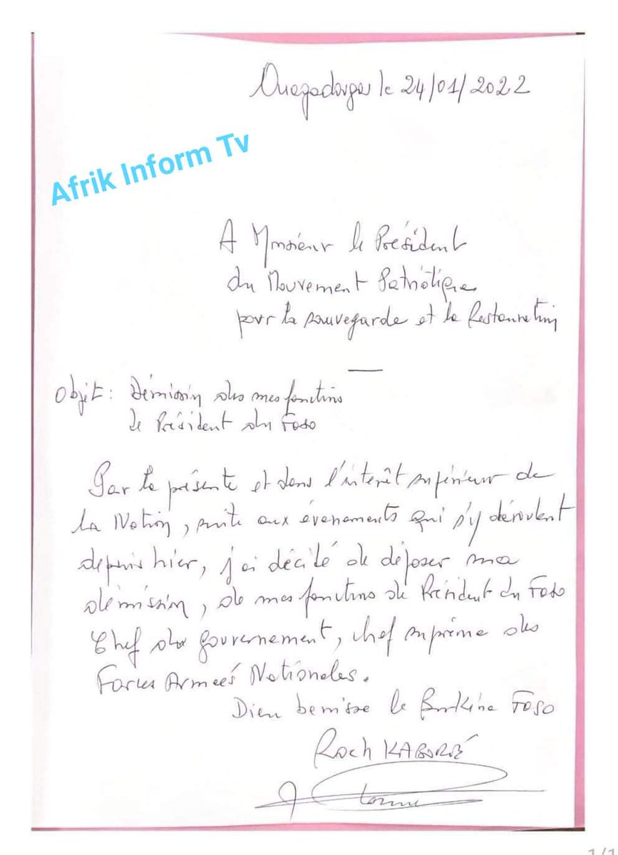 AFRIKINFORM's tweet photo. Burkina Faso - #Urgent
Détenu par l'armée depuis dimanche 23 janvier, l'ancien président Roch M.C. #Kabore signe finalement sa démission.
Plus d'informations sur Afrik Inform Tv disponible sur Votre petit écran via le #Satellite #Amos17 couvrant toute l'Afrique Subsaharienne. https://t.co/RmbutsJMB7