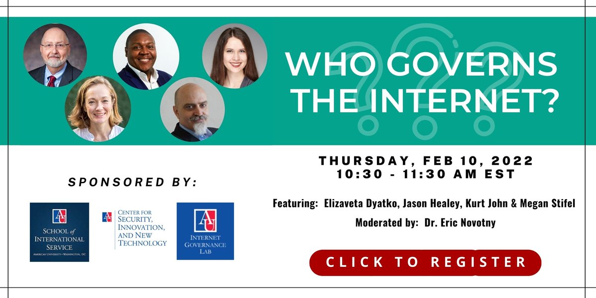 CSINT_AU's tweet image. Don&apos;t miss our next event! Thu, Feb 10th from 10:30-11:30 am. An exciting panel moderated by Eric Novotny on internet governance. Cosponsored with @AU_SIS &amp;amp; @InternetGov.

REGISTER: eventbrite.com/e/who-governs-…

#internetgovernance #internet #webgovernance #techgovernance #security