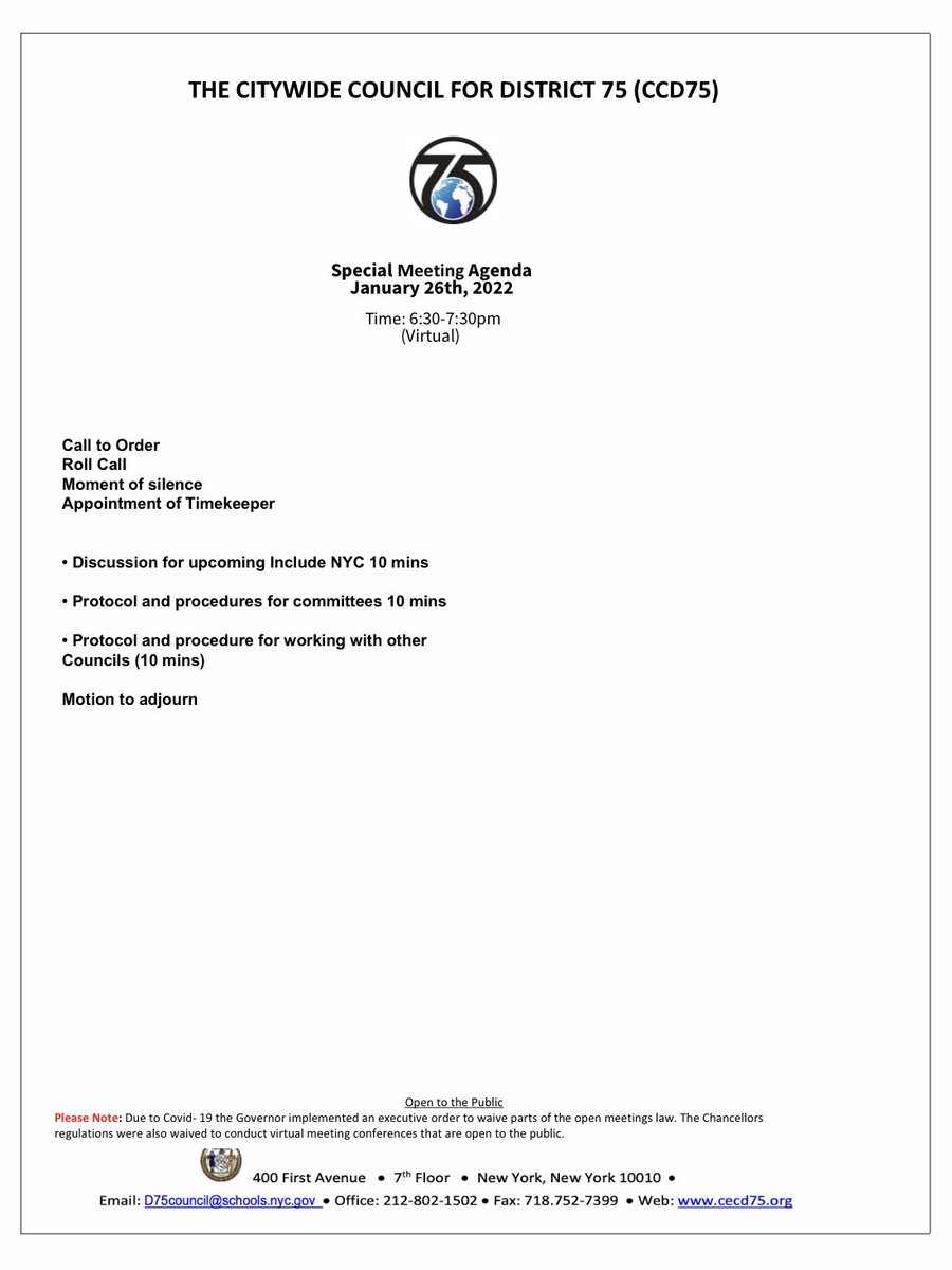 d75council's tweet image. Special Meeting Notice 

Wednesday, Jan 26, 2022 06:30 PM -7:30PM

Join Zoom Meeting
nycdoe.zoom.us/j/88324308198?…

Meeting ID: 883 2430 8198
Passcode: 751327
One tap mobile
+16465189805

#informationalpost