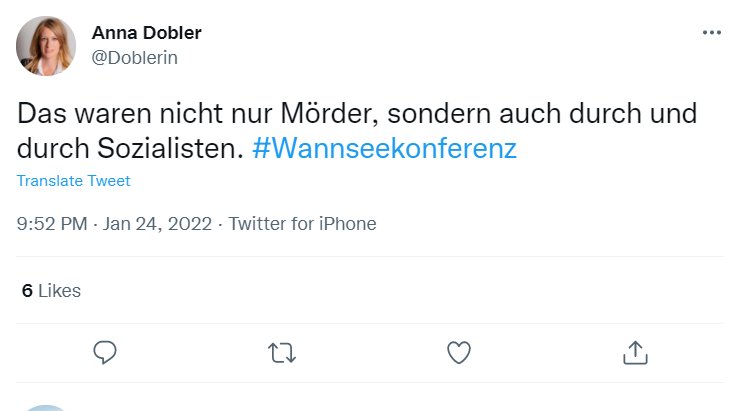 JonathanDorner's tweet photo. Dieser Tweet macht mich fassungslos und wütend.
Ich habe ein Jahr lang mit vielen Holocaustüberlebenden und an der Aufklärung der Gräuel des NS-Regimes gearbeitet. Eine solche geschichtsrevisionistische Aussage von einer "Journalistin" schockiert mich zutiefst. 
#Wannseekonferenz https://t.co/9BjQQPHikL