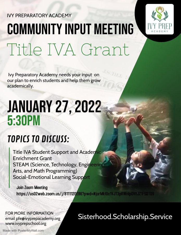 Ivy Prep Academy On January 27th 22 At 5 30pm We Will Be Conducting The Title Iva Community Input Meeting We Will Need Your Input And Feedback On Our Title Iva