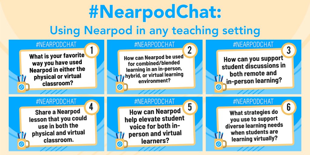 nearpod's tweet image. What are your favorite ways to use Nearpod? 💭

🎉 Share your ideas &amp;amp; stories with us in the #NearpodChat on Wednesday!

💙 Topic: Using Nearpod in any teaching setting
⏰ Time: 8pm ET
👩‍💻👨‍💻 Host: @julie_cobb &amp;amp; @sfprincipal

Retweet if you will be joining us!🌟 #EdChat #EduTwitter