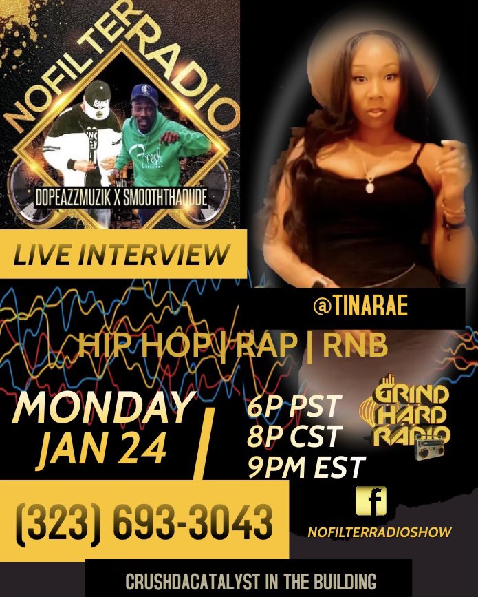 SMOOTHTHADUDE's tweet photo. @itsTinaRaeDuh LIVE!!
#NoFilterShow on
@GRINDHARDRADIO tonight!!
8pm CST
323-693-3043
@dopeazzmuzik
@crushdacatalyst
@SMOOTHTHADUDE https://t.co/Ev3eVx2Wd6