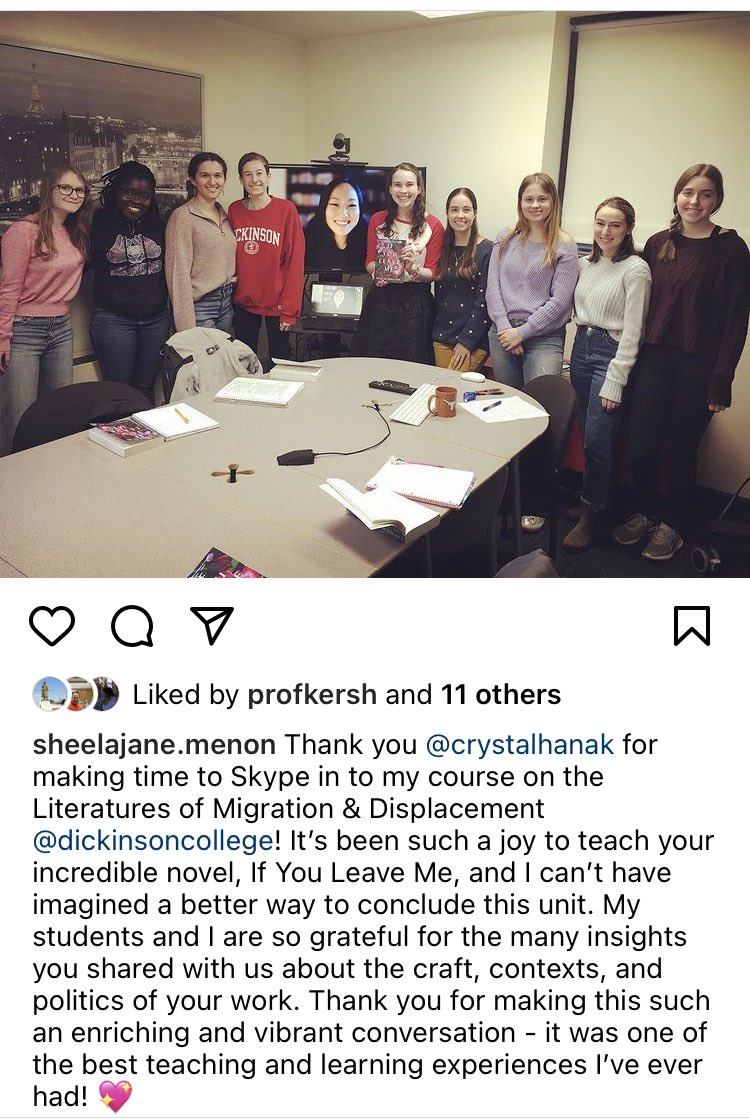 SJ_Menon's tweet photo. Hey @crystalhanak - remember when you Skyped in to my Lit. of Migration &amp; Displacement course @DickinsonCol, right before the pandemic started? Well, the student third from the left - Victoria Gralla - is now writing her Senior Thesis on If You Leave Me! How cool is that?! 💖 https://t.co/aCq9pxIvvn