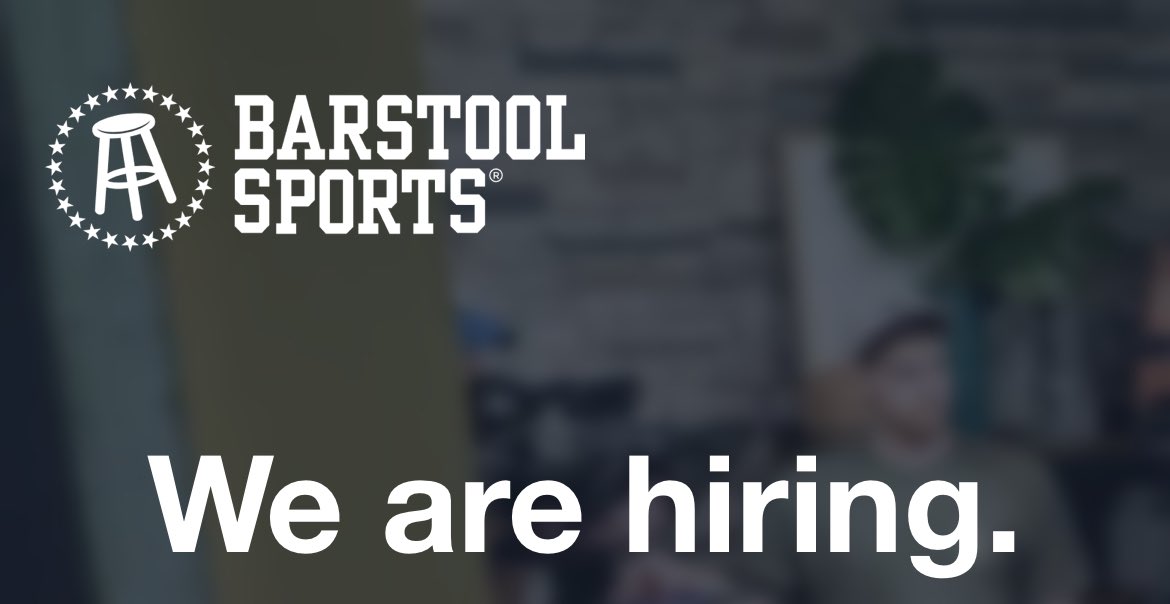 I just heard in a meeting there are a ton of new positions that we are hiring for at <a href="/barstoolsports/">Barstool Sports</a> across production, sales, commerce, product, finance etc. barstoolsports.com/jobs