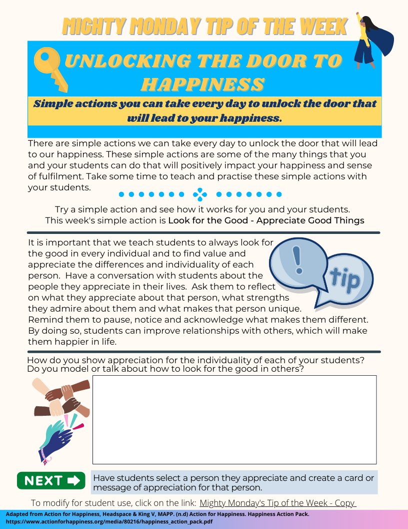 Check out Monday's Mighty Tip of the Week: LOOK FOR THE GOOD -  APPRECIATE GOOD THINGS.  Teach students the importance of appreciating the people in their lives and to value the differences among individuals. For more tips, visit our NTIP Sharepoint at bit.ly/DPNTIP.