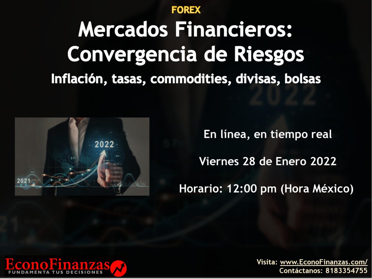 InstitutoEcono1's tweet photo. FOREX Mercados Financieros: Convergencia de Riesgos
Inflación, tasas, commodities, divisas, bolsas
regístrate: https://t.co/RFGhVUuXOH

En línea, en tiempo real 
Viernes 28 de Enero 2022 
Horario: 12:00 pm (Hora México) https://t.co/9hcsoOWooS