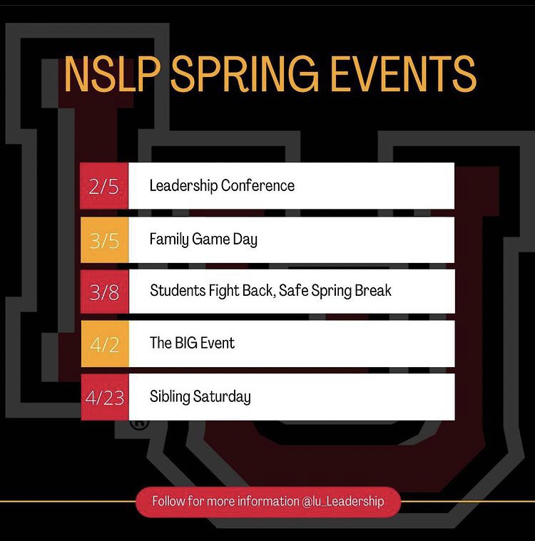LU_Leadership's tweet image. NSLP has lots happening within our office this semester from events to job opportunities to leadership programs! There’s something for everyone!🤩