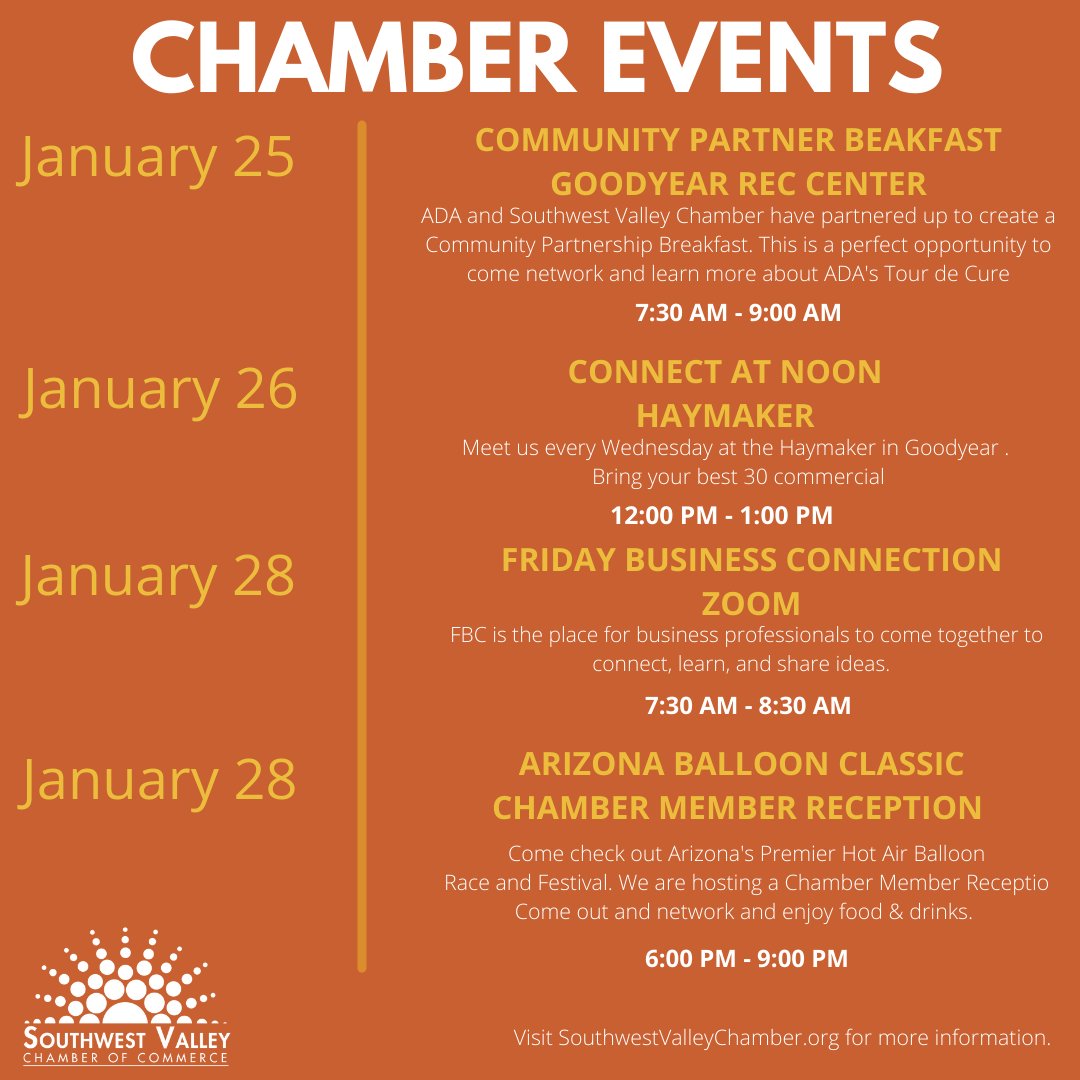 SWVChamber's tweet photo. Happy Monday! Check out our events this week. Come out and join us.
To RSVP π
Community Partner Breakfast:
https://t.co/Z315C34waN
Arizona Balloon Classic - Chamber Member Reception:
https://t.co/eSjp14orPY
#SWValleyChamber #ChamberEvents #Networking #ADA #ABCFest https://t.co/lKg0nFpyV8