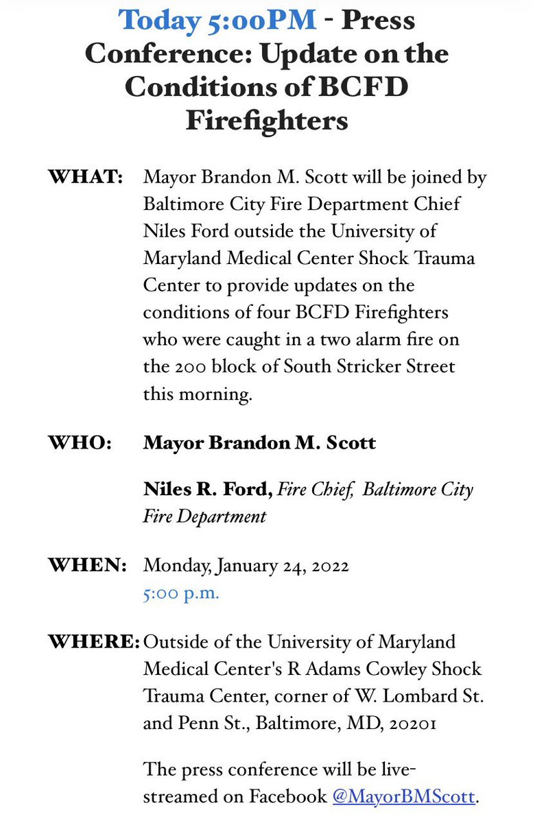 BCFDL734's tweet photo. Press Conference by @MayorBMScott
1/24/2022 at 5pm outside of @shocktrauma https://t.co/R1y0HMzthM