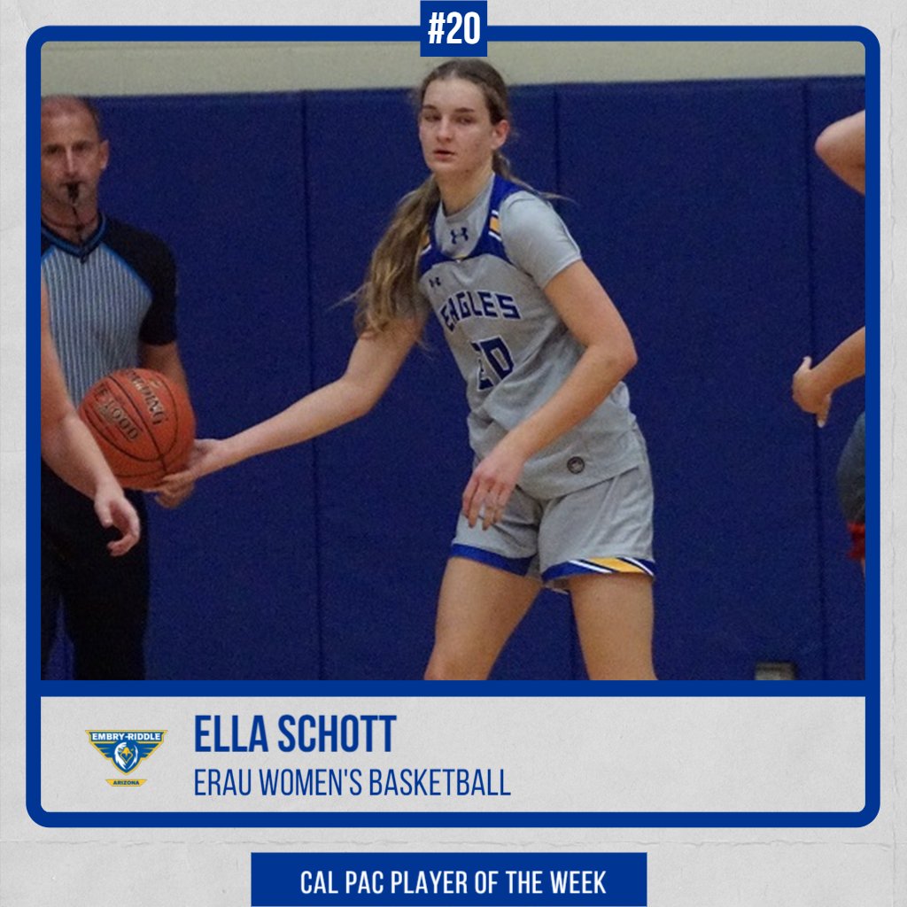 The first Cal Pac Player of the Week honor in 2022 for ERAU goes to <a href="/erau_wbb/">ERAU Women’s Basketball</a>'s Ella Schott!

Schott recorded 19 points, nine rebounds and three blocks, plus shooting 75% in Saturday's win at BenU-Mesa

#FlyHigh #GoERAU