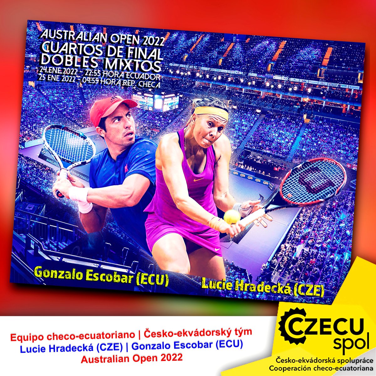 Ecuador y República Checa en semifinales | El equipo checo-ecuatoriano de tenis avanzó a cuartos de final del Abierto de Australia. El encuentro se realizará a las 11PM hora Ecuador, 5AM hora Rep. Checa. La cooperación de estas naciones incluso en el ámbito deportivo. 

#EnPraga