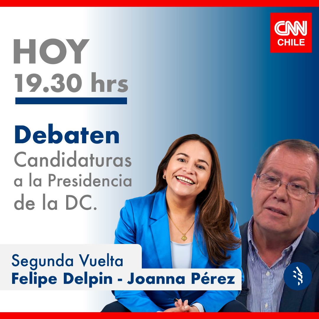 PDC_Chile's tweet photo. DEBATE @CNNChile 📺 HOY 19:30 hrs
Nuestros camaradas Joanna Pérez (@joannaperezolea) y Felipe Delpin (@FelipeDelpin), quienes competirán en segunda vuelta por la presidencia de nuestro partido, debatirán sus propuestas para el presente y futuro del @PDC_Chile #DebateDC https://t.co/T4C1mR2aD9