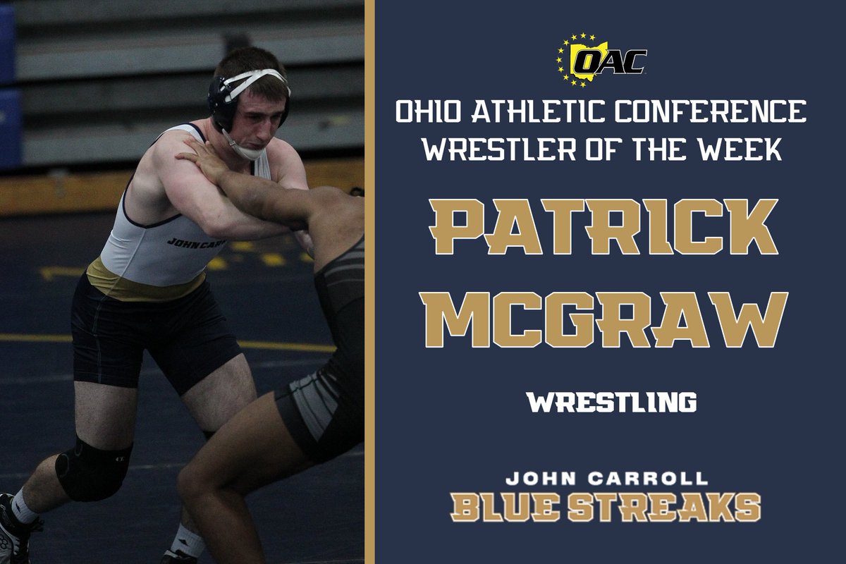 WR: Patrick McGraw is the OAC Wrestler of the Week!

McGraw rolled to a 4-0 record in a busy and productive week vs. OAC opponents🤼‍♂️

📰 jcusports.com/news/2022/1/24…
#GoStreaks ⚡️ <a href="/JCUwrestling/">John Carroll Wrestling</a>