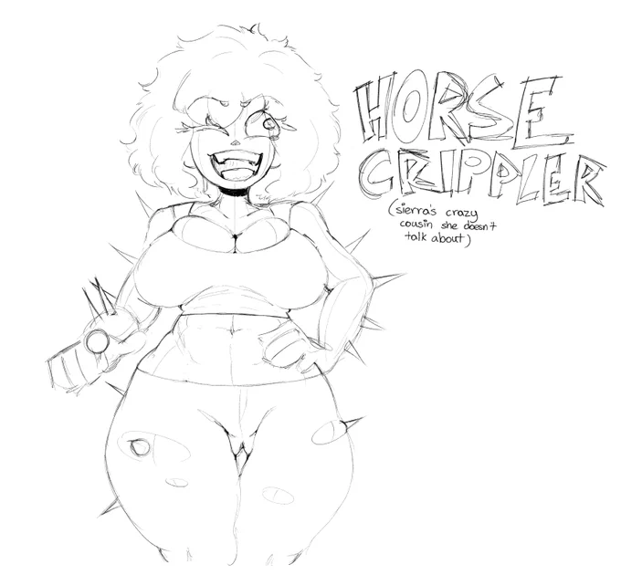 Meet Sierra's batshit cousin, Horse Crippler

I'll have to color her at some point, but I gave her a bit of a redesign so I figured you guys might like to see that 