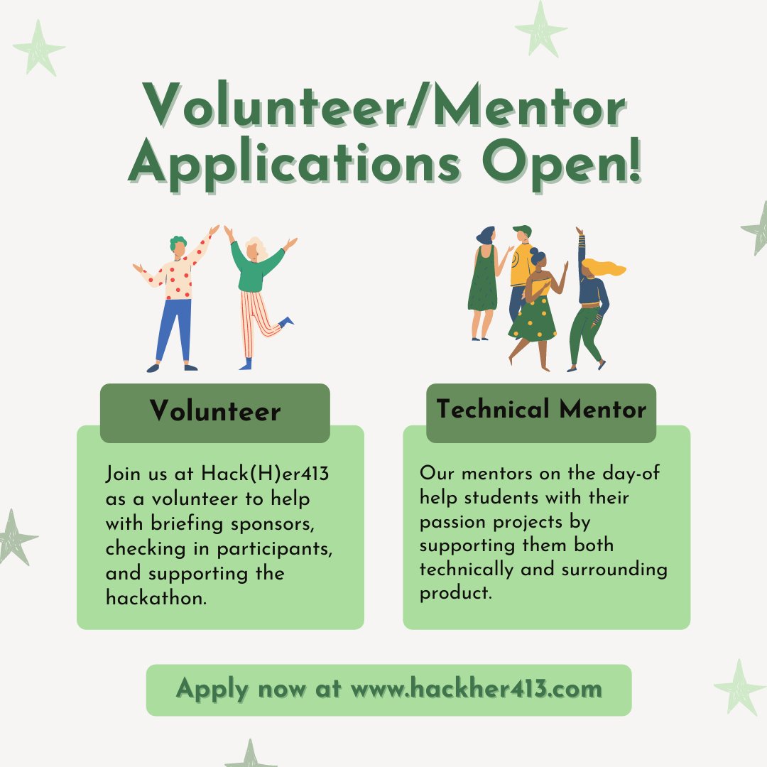 Volunteer and Technical Mentor applications for Hack(H)er413 2022 are now open! Apply now at hackher413.com 🐝✨🗒️