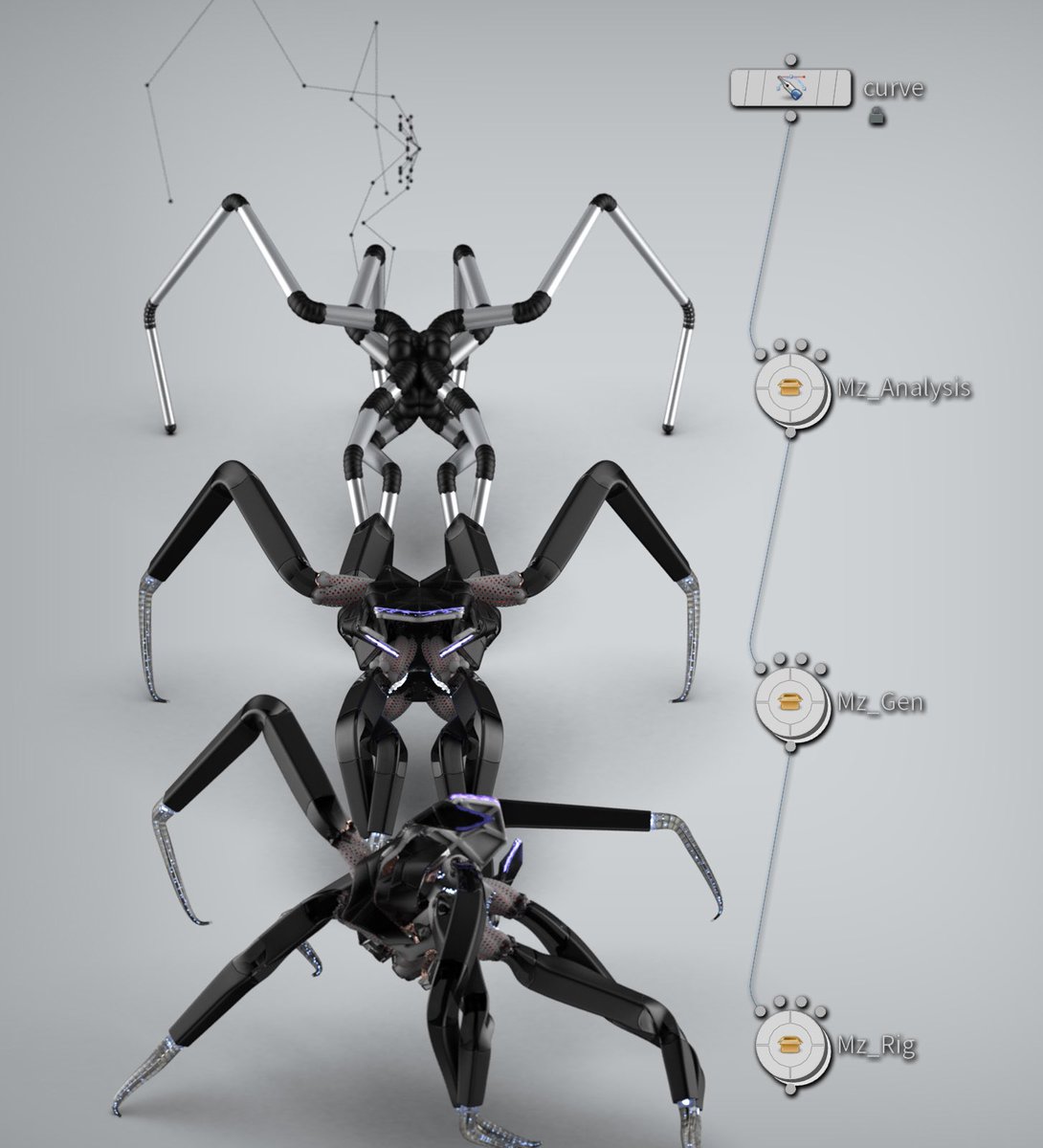 menzelincef's tweet photo. Hi, friends. I almost made my  fully procedural setup for creating robotic creatures. (without the classic modeling workflow like a Maya, Zbrush, etc) 
.
 #3dmodeling #generativeart #proceduralmodeling #algorithmicart https://t.co/erxJSmSFKg